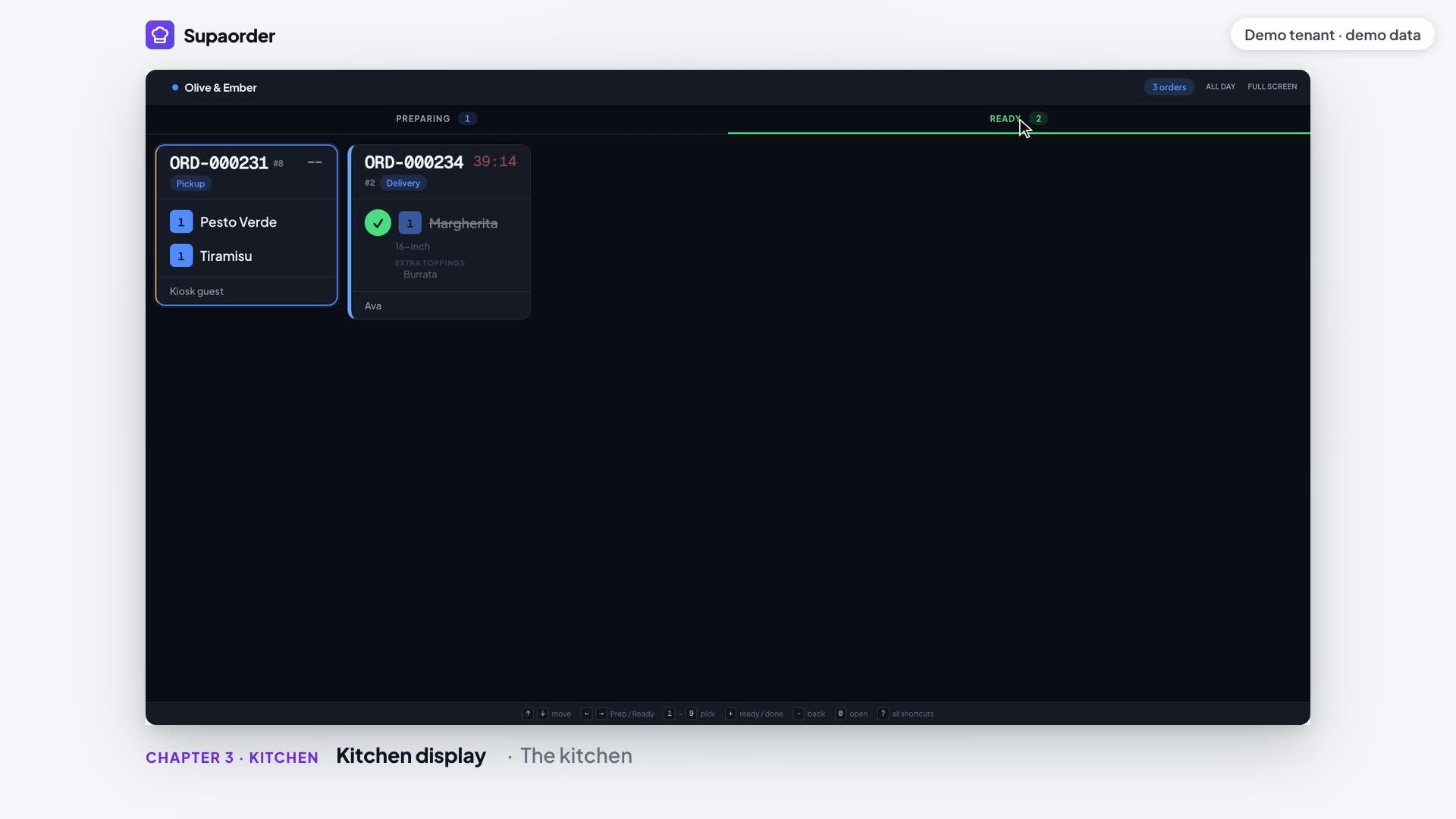 A frame from the recorded Supaorder walkthrough: the kitchen display for the Olive & Ember demo restaurant, with a pickup ticket in Preparing and a delivery ticket whose Margherita is checked off.