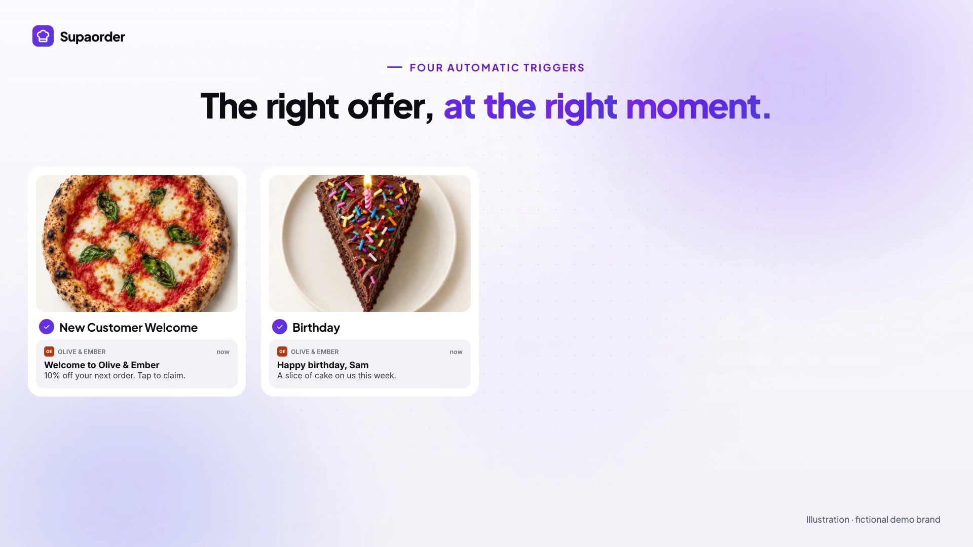 A frame from the Marketing Autopilot film: the headline “The right offer, at the right moment.” above two offer cards for a demo brand, a New Customer Welcome offer and a Birthday offer.