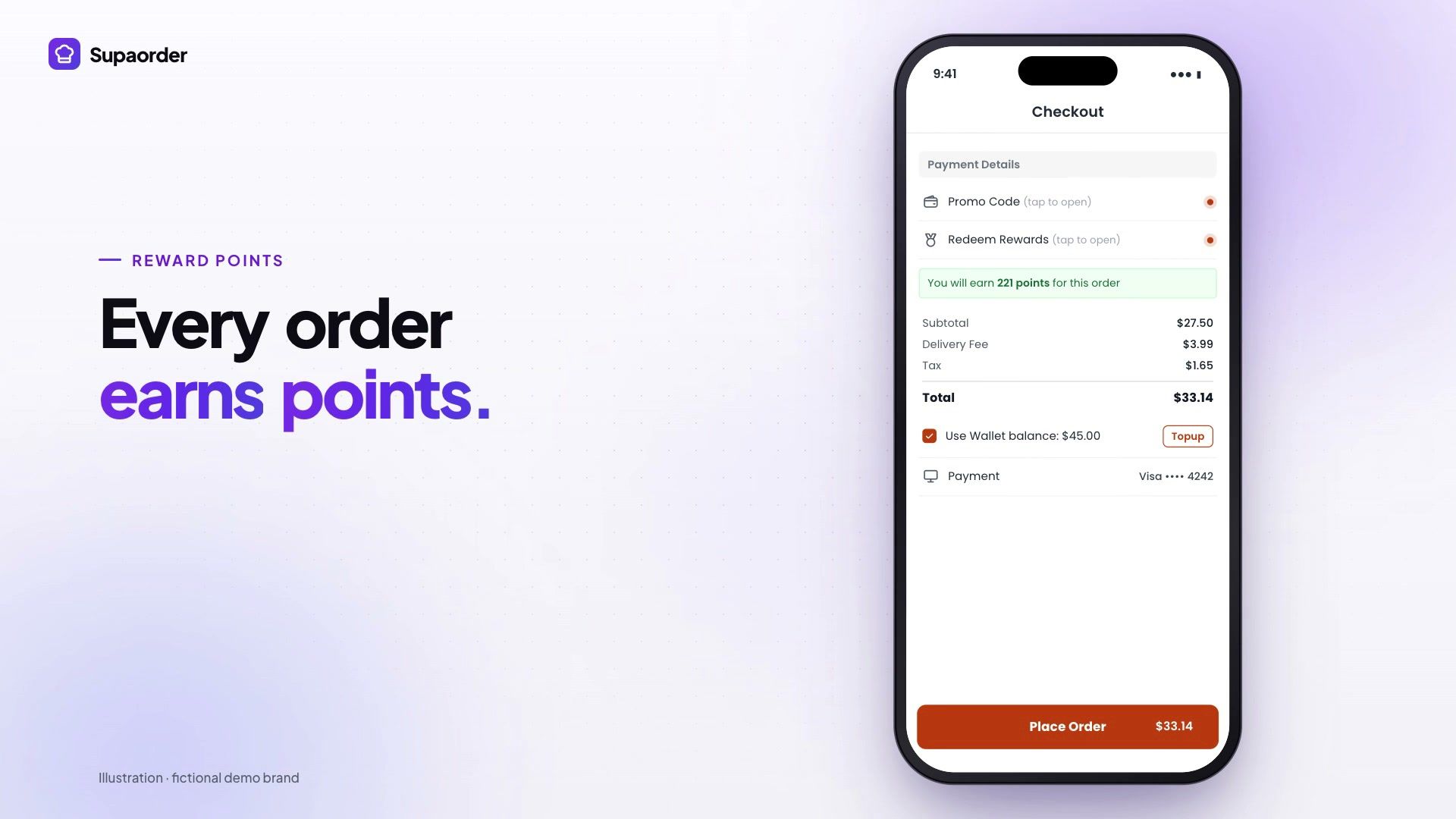 A frame from the loyalty film: the headline “Every order earns points.” beside a phone showing a demo brand’s checkout with Redeem Rewards, the points the order earns and a wallet balance.
