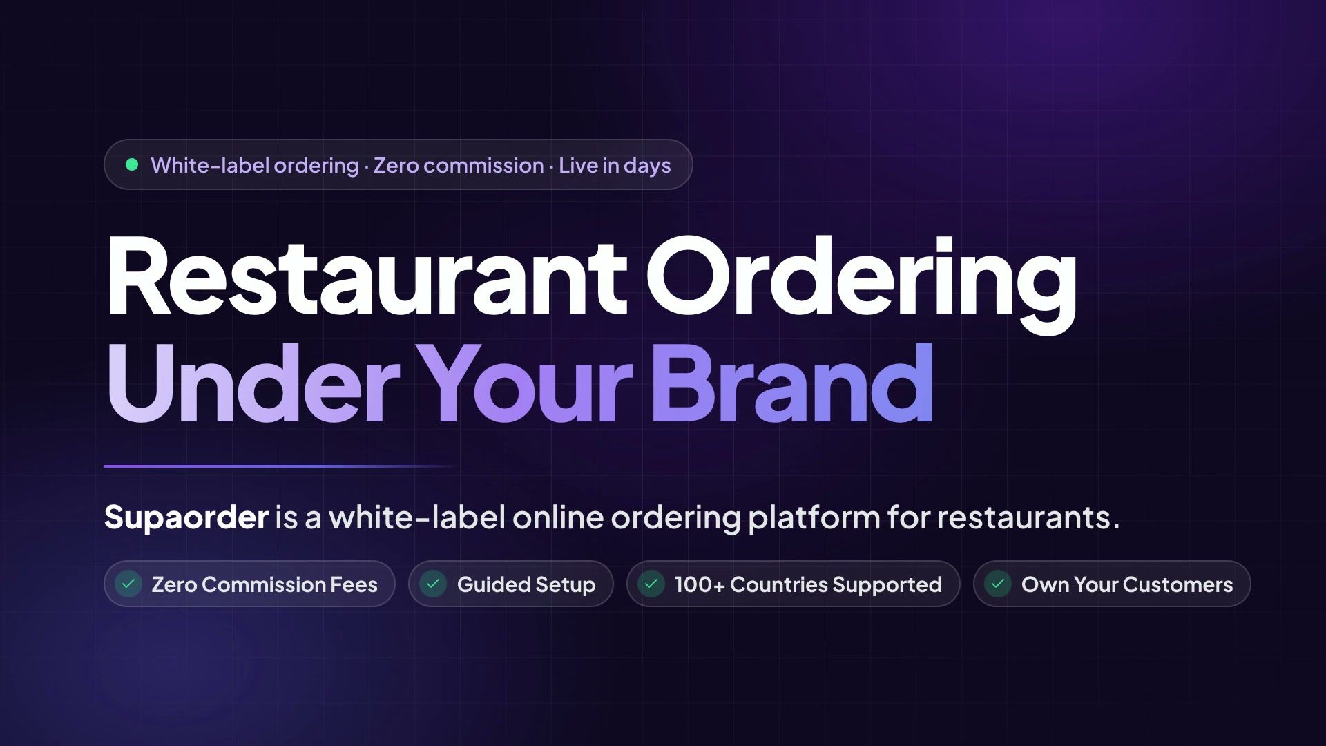 Opening frame of the Supaorder product tour: the headline “Restaurant Ordering Under Your Brand” on a dark violet background, the line “Supaorder is a white-label online ordering platform for restaurants”, and four badges — Zero Commission Fees, Guided Setup, 100+ Countries Supported, Own Your Customers.